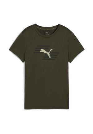 Olive green short-sleeve t-shirt made of cotton, featuring a contrasting white Puma logo and black stripes on the chest.