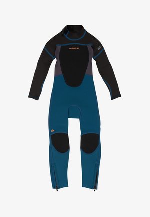 Langärmliger Ganzkörper-Neoprenanzug in Schwarz, Grau und Blau mit Kniepolstern, Reißverschlüssen an den Knöcheln und orangefarbenen Quiksilver-Logos auf Brust und Bein.