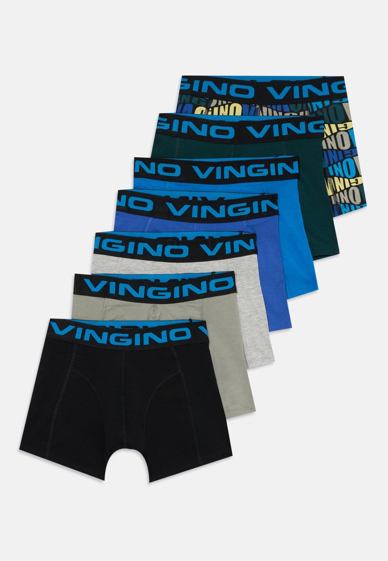 Set of eight boxer shorts in various colors including black, gray, blue, green, and patterned, featuring elastic waistbands with "VINGINO" logo.