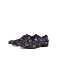 Chaussures habillées bleu marine avec un motif de roses brodé en or, blanc et orange. Dotées d'un bout arrondi et d'un petit talon noir.
