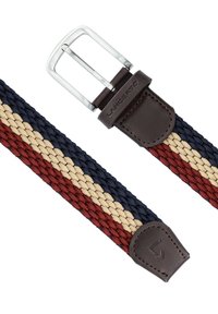Spleciony pasek z czerwonymi, granatowymi i beżowymi paskami, z brązowym skórzanym końcem i prostokątną srebrną klamrą, wykonany z trwałych materiałów.