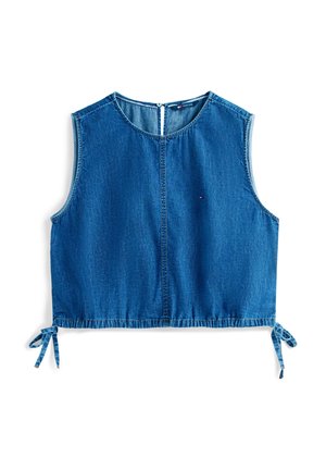 Ärmelloses blaues Denim-Crop-Top mit rundem Halsausschnitt, Mittelnaht, Knopfverschluss hinten, elastischem Saum und verstellbaren seitlichen Bindebändern.
