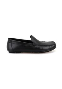 Schwarze Leder-Schlupfschuhe mit runder Zehenpartie, gesteppten Akzenten entlang des Obermaterials und einer strukturierten Sohle für besseren Halt. Insgesamt glatte Oberfläche.