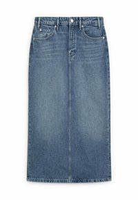 Blå denim midi kjol med framstygn, bälteslips, knäppning och femficksdesign.