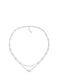 Silver multi-layered necklace featuring delicate chains with small beads and a star pendant, showcasing a sleek, modern design.
