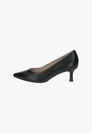 Chaussure à talon en cuir noir avec un bout pointu et un talon carré bas. Texture lisse, brillance subtile, sans éléments métalliques ni ornements visibles.