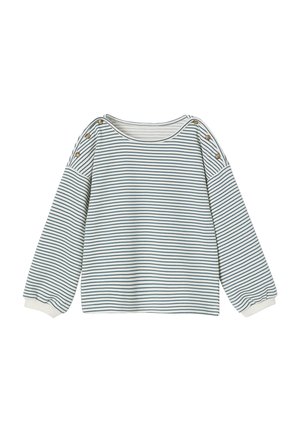Leichter, gestreifter Sweatshirt in Blau und Weiß mit Ballonärmeln, gerippten Bündchen und dekorativen Knöpfen an den Schultern.