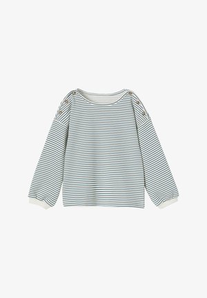 Leichter, gestreifter Sweatshirt in Blau und Weiß mit Ballonärmeln, gerippten Bündchen und dekorativen Knöpfen an den Schultern.