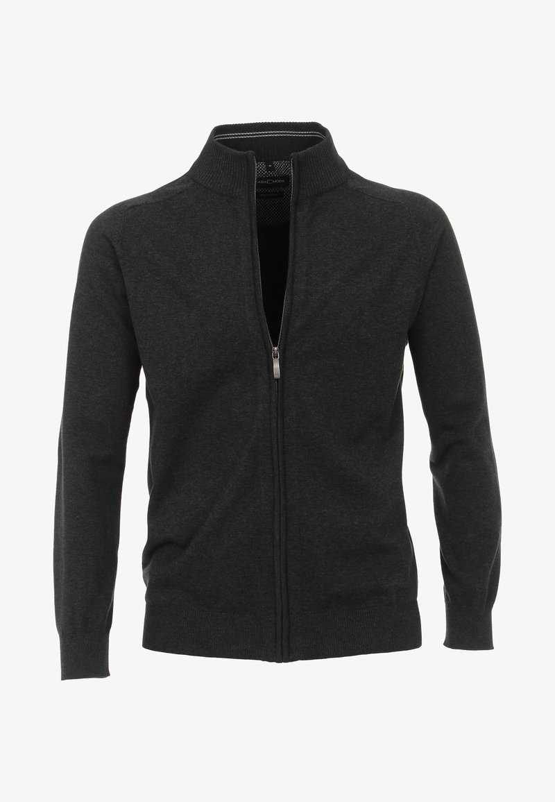 Dunkelgrauer Reißverschlusscardigan mit hohem Kragen, gerippten Bündchen und Saum. Glatte Stricktexture, ausgestattet mit einem silbernen Reißverschluss und minimaler Markenkennzeichnung.