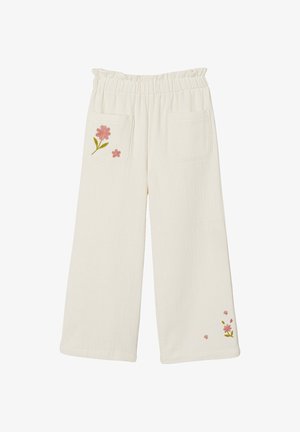Cream wide-leg pants with elastic waistband, two back pockets, and pink floral embroidery on left pocket and right leg hem.