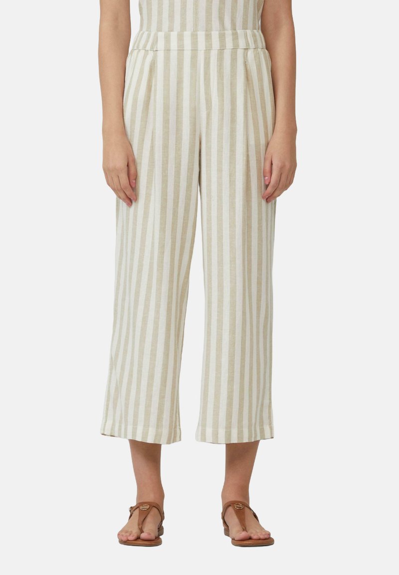 Leinenmischung, weit geschnittene Culottes mit vertikalen cremefarbenen und hellbraunen Streifen, hoher Taille und zwei seitlichen Taschen. Flacher Saum.