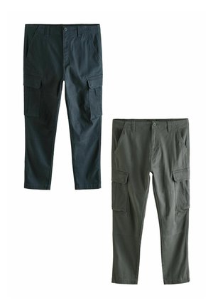 Cargo bukser i mørkegrøn og mørkegrå, lavet af holdbart stof, med flere lommer, en lige ben-design og knaplukning.