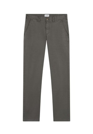 Grå bomuldsbukser med lige ben-design, forlommer og knaplukning. Glat tekstur med minimal syning.