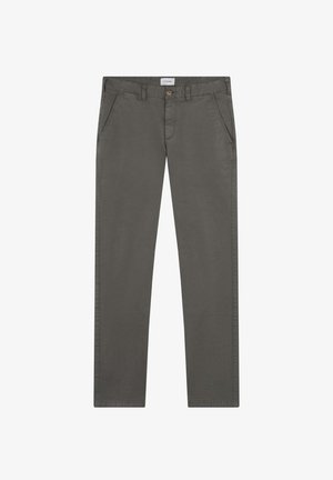 Szare bawełniane spodnie o prostym kroju nogawki, z przednimi kieszeniami i zapięciem na guzik. Gładka tekstura z minimalnymi detalami szwów.