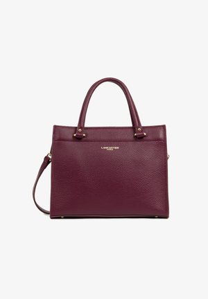 Burgundy leather handbag with two top handles, a detachable shoulder strap, gold hardware accents, and a textured surface. Features logo on front.