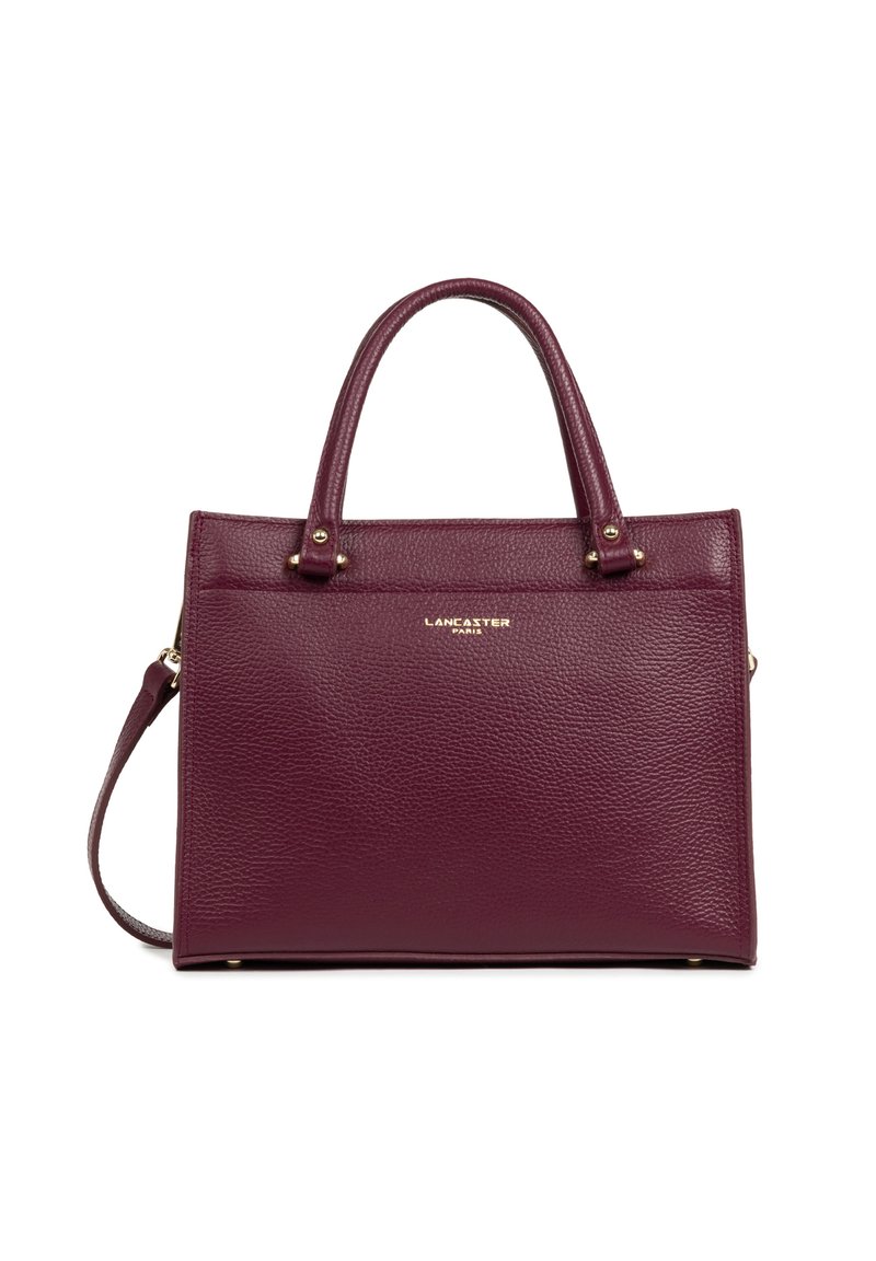 Borsa in pelle borgogna con due manici superiori, una tracolla removibile, dettagli in hardware dorato e una superficie texturizzata. Presenta il logo nella parte anteriore.