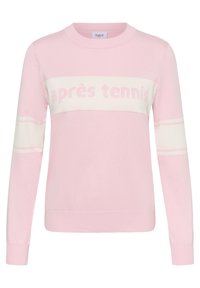 Suéter de mangas largas rosa claro con rayas horizontales blancas en el pecho y las mangas, que presenta el texto "après tennis" en el pecho.