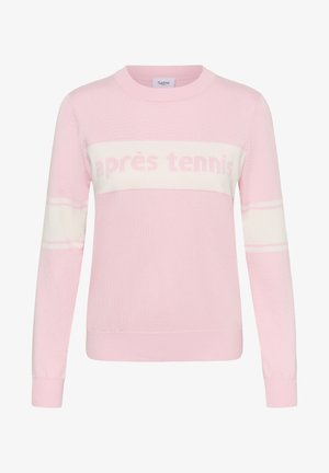 Világos rózsaszín, hosszú ujjú pulóver, fehér vízszintes csíkokkal a mellrészen és az ujjakon, a mellkason az "après tennis" felirattal.