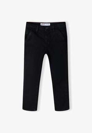 Sorte lige ben bukser med bæltestropper, frontknaplukning og skrå sidelommer, vist fladt på hvid baggrund.