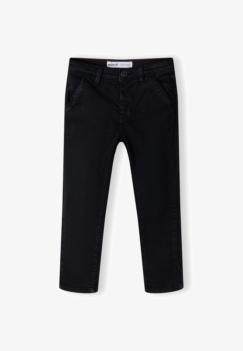 Fekete egyenes szabású nadrág övhurkokkal, elülső gombos záródással és ferde oldalsó zsebekkel, sík felületen fehér háttérrel.