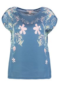 Modrá blůza s krátkým rukávem s květinovými vzory v růžové a zelené barvě. Vyrobena z lehké látky, má volnější střih a kulatý výstřih.