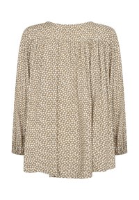 Blusa marrone con una vestibilità comoda, caratterizzata da pois bianchi, maniche lunghe e dettagli arricciati sulla scollatura e sul retro.