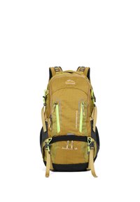 Sac à dos à motifs jaunes et verts avec plusieurs poches, fond noir, sangles réglables et accents réfléchissants. Dispose du logo de la marque sur le devant.