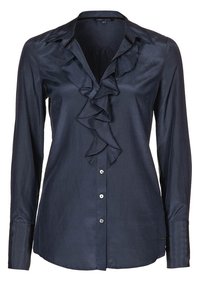 Camicia a maniche lunghe blu navy con parte anteriore arricciata, realizzata in tessuto morbido, con chiusura a bottoni e maniche aderenti.