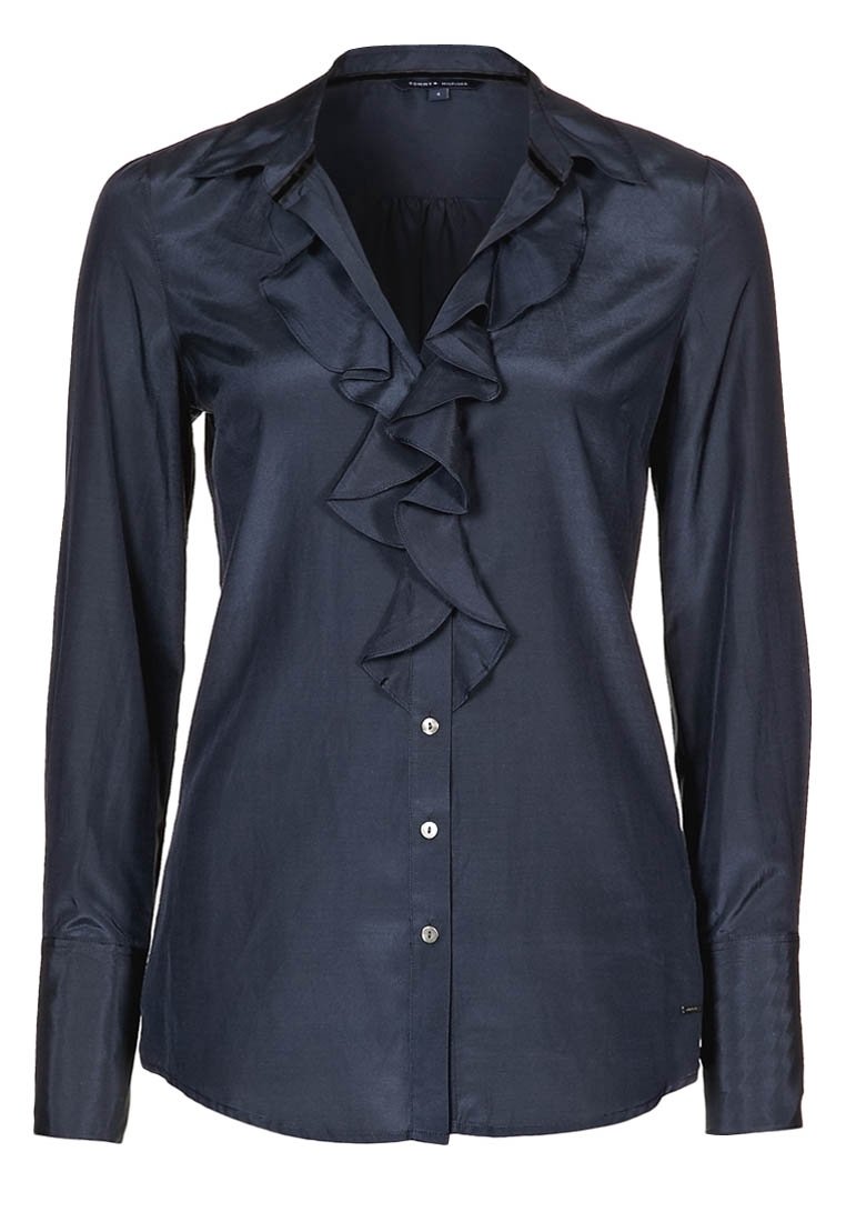 Camicia a maniche lunghe blu navy con parte anteriore arricciata, realizzata in tessuto morbido, con chiusura a bottoni e maniche aderenti.