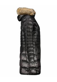 Svart pufferjacka med huva klädd i päls, med en quiltad design, dragkedjefickor på sidorna och en lång, rak silhuett.