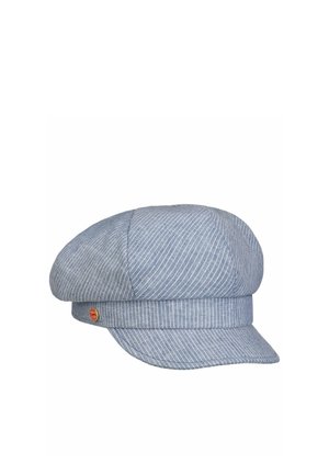 Blue and white pinstriped cotton newsboy cap with a small round red and gold emblem on the side.
