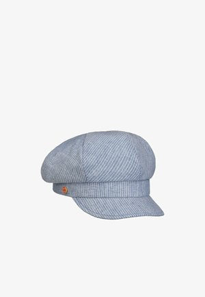 Blue and white pinstriped cotton newsboy cap with a small round red and gold emblem on the side.