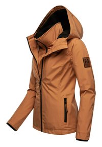 Waterproof orange jacket with a fitted hood, black inner lining, front zipper, and side pockets. Features logo patch on the sleeve.