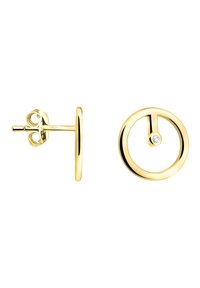 Orecchini circolari in tonalità oro con una finitura liscia, caratterizzati da un piccolo accento di pietra trasparente. Design semplice con chiusura a perno per un indossare sicuro.