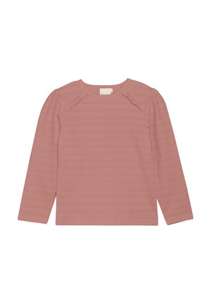 Långärmad rosa topp med rund halsringning, ribbat tyg, subtil randig mönster och volangdetaljer vid axlarna.