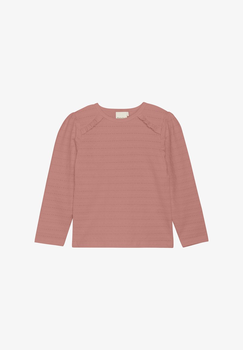 Lange mouwen roze top met een ronde halslijn, geribbelde stof, subtiel gestreept patroon en ruches details op de schouders.