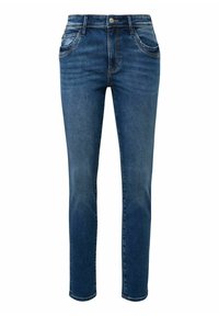 Donkerblauwe denim jeans met een slim fit, met voorzakken, een kleine metalen knoopsluiting en een gladde textuur.