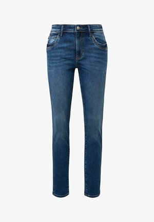 Dark blue denim jeans with a slim fit, featuring front pockets, a small metal button closure, and a smooth texture.