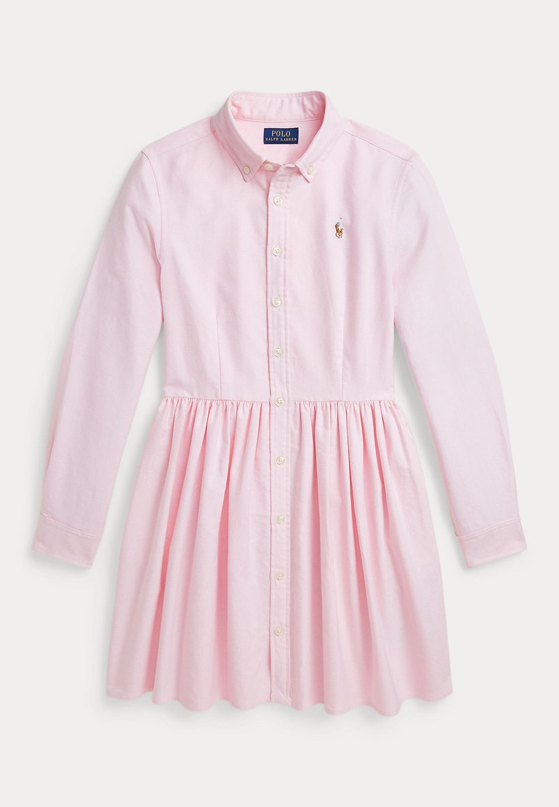 Hellrosa langärmliges Hemdblusenkleid mit Knopfleiste vorne, gerafftem Rock und kleinem besticktem Polo Ralph Lauren Logo auf der Brust.