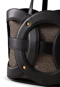 Zwarte leren totebag met ronde accenten en een gestructureerde bruine binnenkant met een verspreid patroon. Gouden hardware details zichtbaar.