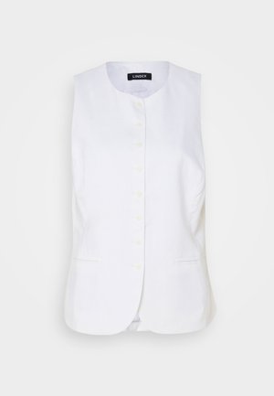 Weißer Leinenwesten mit rundem Ausschnitt, vorderer Knopfverschluss und seitlichen Taschen. Taillierte Passform mit glatter Textur und minimalistischem Design.