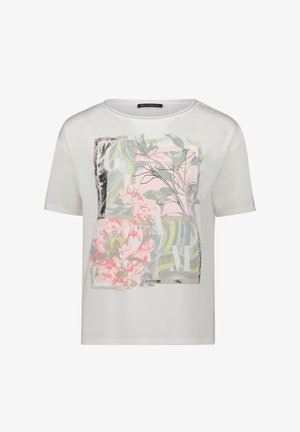 Wit kortärmd overhemd met een abstracte pastelkleurige bloemen- en bladprint in tinten roze, groen en grijs in het midden aan de voorkant.