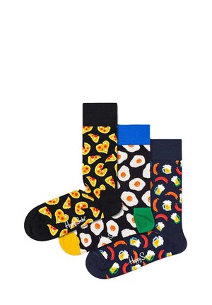 Set of three pairs of socks featuring food patterns: pizza, eggs, sushi, and beer. Colors include black, blue, green, and yellow accents.