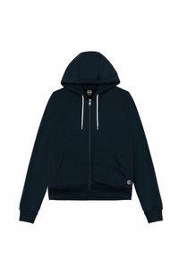 Marinblå zip-hoodie i mjukt tyg. Har huva, vita dragsnören och en främre kenguruficka. Inkluderar logotyp vid fållen.