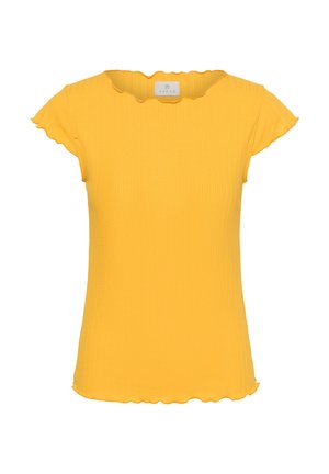 Yellow ribbed short-sleeve top with lettuce-edge trim on sleeves, neckline, and hem, featuring a small white brand label inside the collar.