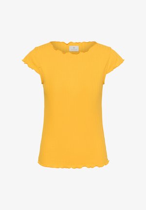 Yellow ribbed short-sleeve top with lettuce-edge trim on sleeves, neckline, and hem, featuring a small white brand label inside the collar.