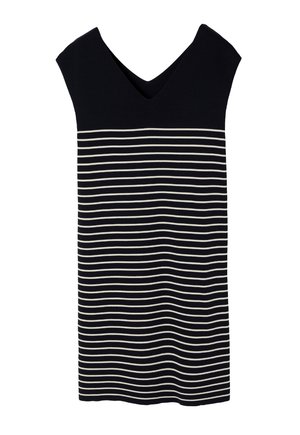 Námornícky a krémovo pruhované šaty s V-výstrihom, krátkymi rukávmi a voľným strihom; vyrobené z jemného, elastického materiálu.