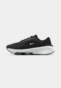 Scarpa da corsa Nike in mesh nero con accenti grigi, caratterizzata da un design elegante, suola ammortizzata e dettagli evidenti Air Zoom sulla intersuola.