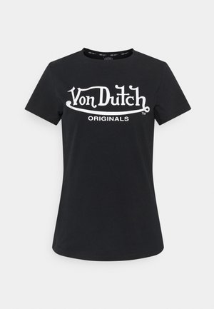 Black cotton t-shirt with short sleeves. Features a large white "Von Dutch" logo and "ORIGINALS" text on the front. Round neckline, classic fit.