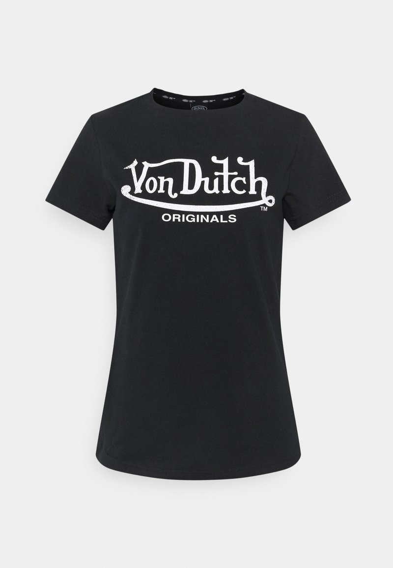 Černé bavlněné tričko s krátkým rukávem. Na přední straně má velké bílé logo "Von Dutch" a text "ORIGINALS". Kulatý výstřih, klasický střih.